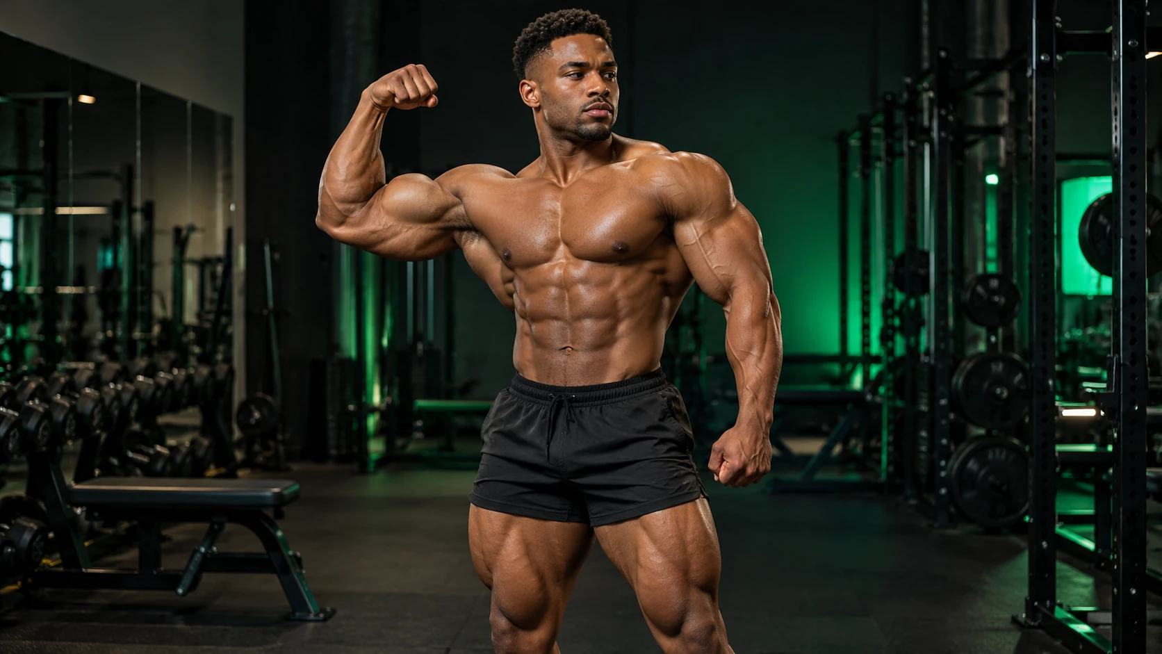 Adult bodybuilding athlete practicing a pose in a studio with green accent lighting